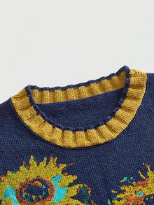 ROMWE MEN Street Life Áo len dệt kim cổ chữ V họa tiết hoa hướng dương cho nam, phong cách cổ điển, mùa đông - Xanh đậm - Xem 4