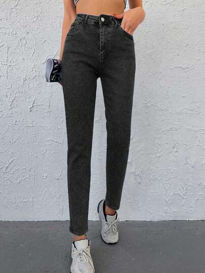 SHEIN Tall 98%Cotton TALL Solid Slant Pocket Mom Fit Jeans Jeans Women High Waist Cute Jeans Black Jeans Women Gray Jeans