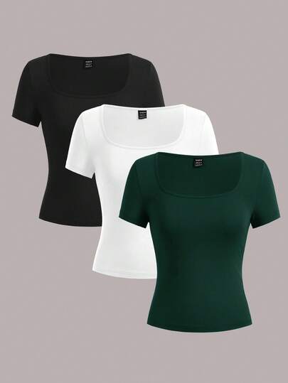SHEIN EZwear 3 件女式短袖短款休闲修身 T 恤，适合夏季