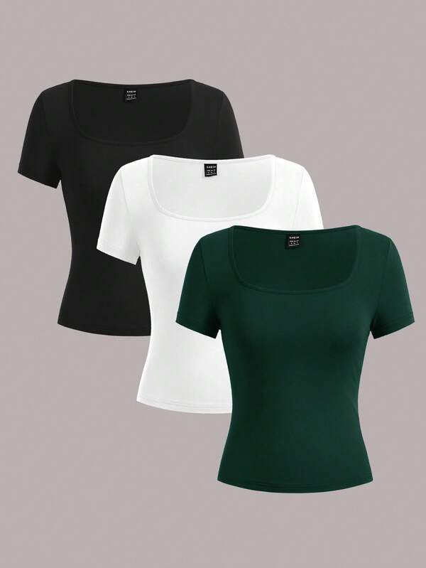 SHEIN EZwear 3pcs Women's Short Sleeve Cropped Casual Fitted T-Shirts, Suitable For Summer