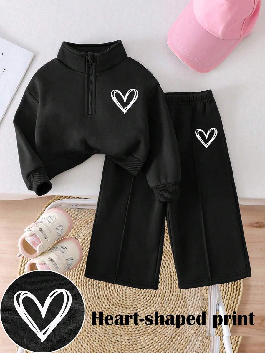 SHEIN 2件套年轻女孩时尚休闲街头风格运动字母刺绣连帽衫和运动裤套装 - 黑色 - 查看 1