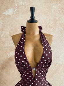 Soleia Váy ngắn chữ A cổ chữ V khoét eo chấm bi dành cho nữ, thích hợp cho tiệc tùng, giáng sinh, hẹn hò, hộp đêm, phong cách Bohemian, Boho, kỳ nghỉ, mùa thu - màu nâu - Xem 4