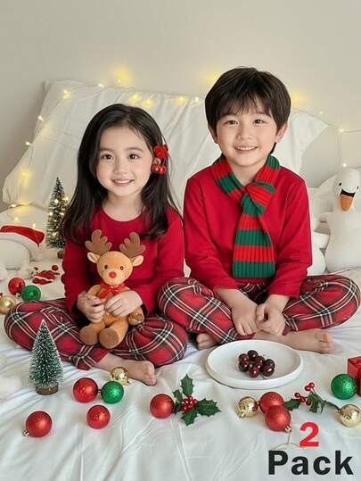 SHEIN ملابس عائلية متطابقة للأخوات، بنطلون وبلوزة كاجوال مربعة للبنات الصغيرات بياقة مستديرة وأكمام قصيرة، مناسبة للخريف/الشتاء، عيد الميلاد، حفلة عيد الميلاد