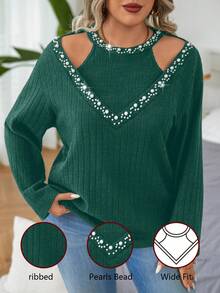 EMERY ROSE Plus Size Women Faux Decor Cutout Shoulder Long Sleeve T-Shirt, Autumn For Spring - Dark Green - View 1