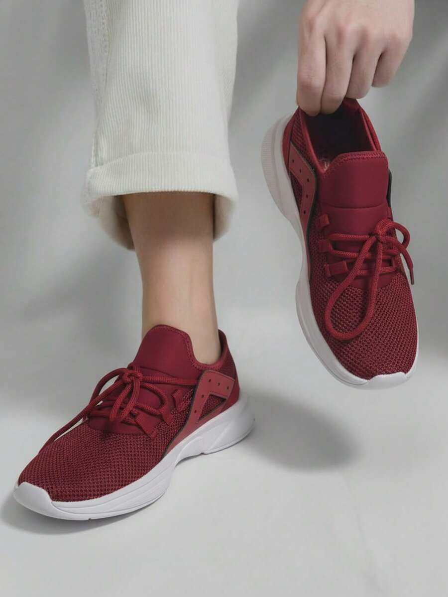Tenis para hombre ligero transpirable de malla punta redonda con agujeta suela gruesa estilo urbano para deportes y uso diario - Rojo - Ver 1