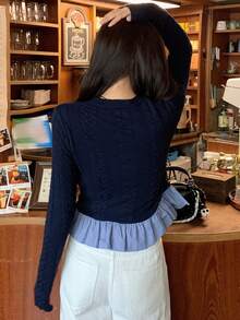 DAZY Women's Contrast Color Patchwork Casual Cardigan - Navy Blue - View 7