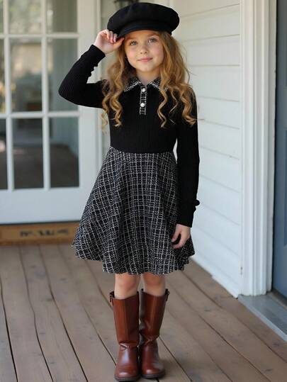 PrepCrw 1 件青少年女孩优雅校园风格休闲都市白色装饰黑色圆领长袖连衣裙，适合外出、聚会、返校、夏季和秋季