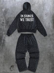 Manfinity Hypemode Men's Casual Slogan Graphic Drawstring Hoodie And Pants Set, Autumn - Multicolor - View 2