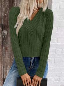 SHEIN LUNE LUNE V领拉绒罗纹女上衣，跨境电商秋冬新品 - 綠色 - 查看 5
