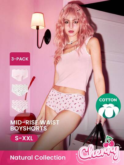 LUVLETTE paquete de 3 bragas tipo short de cintura media de algodón suave para mujer - Estilo de pijama de Navidad con cerezas 2025