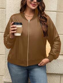 Plus Size Solid Color Drop Shoulder Long Sleeve Zip-Up Fashionable Short Casual Jacket - Brown - View 4