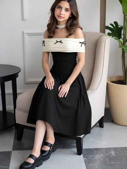 Tween Girl Casual Elegant Off Shoulder Exposed Shoulder 3D Ribbon Bow Decor Contrast Color Splice Ruched Ruffle Hem Maxi Dress, Party Dress, Black & Apricot Off Shoulder Dress Black And White Dress Midi Girl Dress