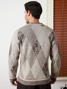 Core Aspect Men's Casual Loose Fit Rhombus Plaid Pattern Dropped Shoulder Sweater, Autumn/Winter - Multicolor - View 5