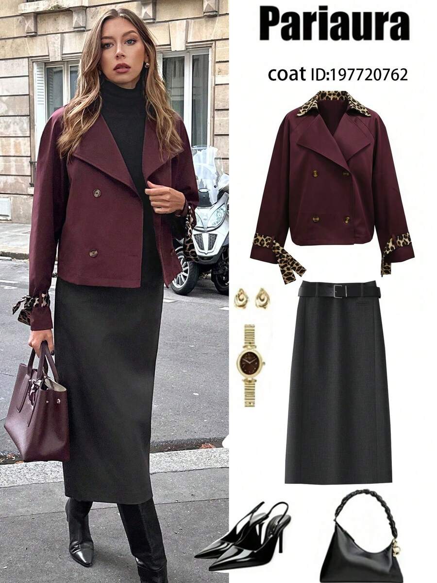Chiquease 2025 Neue Windjacke mit Gürtel und Leopard Muster im Patchwork-Revers für Damen im Herbst und Winter, kurze Jacke mit Revers in Burgunderrot, vielseitiges und modisches Oberteil, Kragen mit Leopard Muster und Manschetten mit Spitzendesign im Leopard Muster, vielseitige Damenoberbekleidung für den Arbeitsweg, Must-have für Damen im Herbst und Winter, Damenoberbekleidung, zweireihige gemusterte Knöpfe, elegante und stimmungsvolle französische Damenjacke im Herbst und Winter, Damenjacke mit großem Revers, Damenkleidung im Herbst und Winter, Damenjacke im Herbst und Winter, Damenoberteile im Herbst und Winter - Bordeaux - Übersicht 1