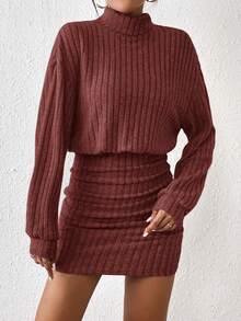 SHEIN Frenchy 女士时尚休闲罗纹高领长袖迷你连衣裙 - 紅色 - 查看 5