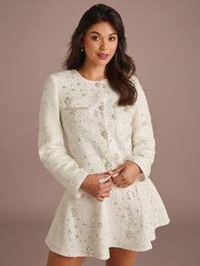 Enchnt 秋冬浪漫女士白色亮片刺绣粗花呢长袖公主外套，别致优雅，适合派对、约会、节日、毕业典礼、外出、万圣节、圣诞节、秋季、新年等场合。 - 白色 - 查看 6