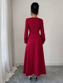 Rafferiza Raffinéa Elegant Long Sleeve Dress,French Lace Sophisticated Embroidery,High-End Aristocratic Style,Dark Red,Autumn,Elegant,Dining,Christmas Holidays - Burgundy - View 4
