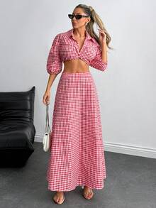 SHEIN Cottnline 女士两件套格纹衬衫和裙子套装 - 紅色 - 查看 5