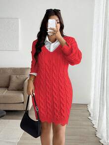 Vionelle Plus Size V-Neck Wavy Hem Drawstring Cable Knit Pattern Long Sleeve Sweater Dress, Solid Color, Casual & Fashionable For Autumn/Winter - Red - View 4