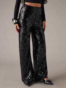 SHEIN BAE Women's Fashionable Party Sequin Wide Leg Pants - Black - View 4