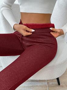 Chiquease Quần legging lót nhiệt màu trơn thường ngày cho nữ, Thu/Đông - Đỏ - Xem 4