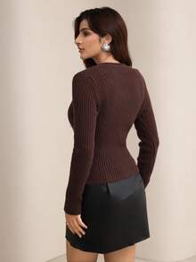 Modelyn Women's Solid Color Faux Pearl Decor Long Sleeve Zip-Up Cardigan, Autumn/Winter - Coffee Brown - View 2