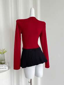SHEIN LUNE Autumn/Winter New Stylish Unique Slimming Lace-Up Textured Knit T-Shirt - Red - View 2