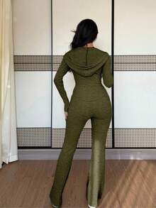 SHEIN PETITE 2 件套女式休闲连帽运动衫，带口袋和罗纹喇叭裤，百搭秋冬装 - 軍綠色 - 查看 2