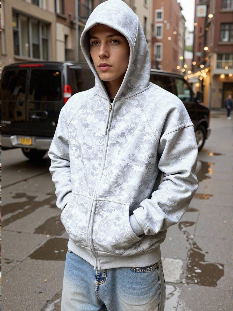 Manfinity Dauomo Men's Autumn Camouflage Print Zip-Up Hooded Casual Jacket - Grey - View 1