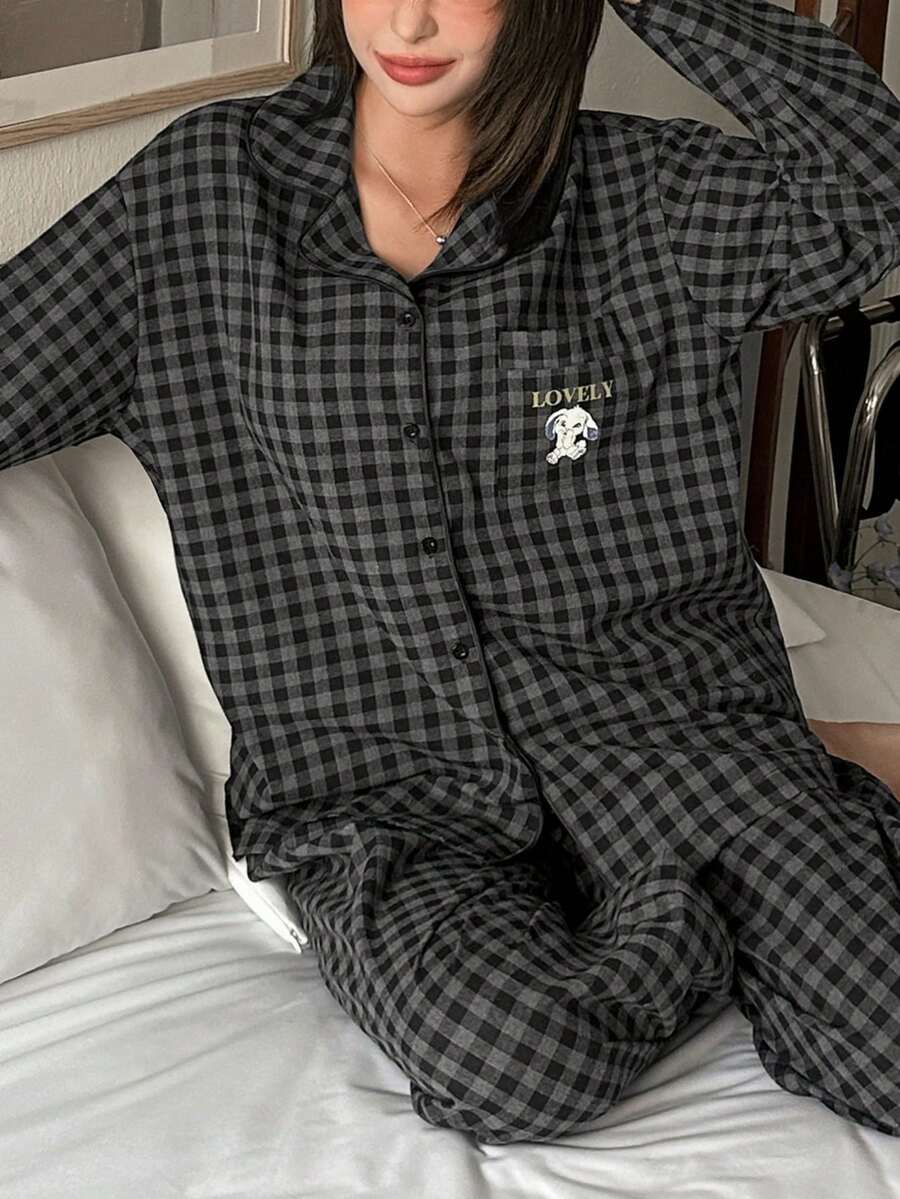 DAZY 女士纽扣前开襟长袖格子印花上衣和裤子休闲睡衣套装，秋冬服装 - 黑色 - 查看 1
