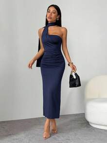 SHEIN PETITE Women's Navy Blue Summer Elegant Party Night Dress,Asymmetrical Flare Sleeve Loose Casual Dress For Vacation,Beach,Boho,Hawaii,Music Festival,Work - Navy Blue - View 6