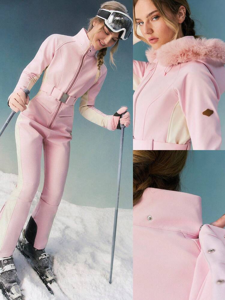 Skiing Snow Glow Soft Water-Repellant Thick Detachable Faux Fur Trim Hood Zippers Pockets Flare Leg Fitted Jumpsuit Outdoors Skiing Wear