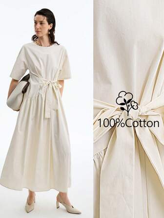 Aalyst 女式纯色简约全棉系带短袖连衣裙