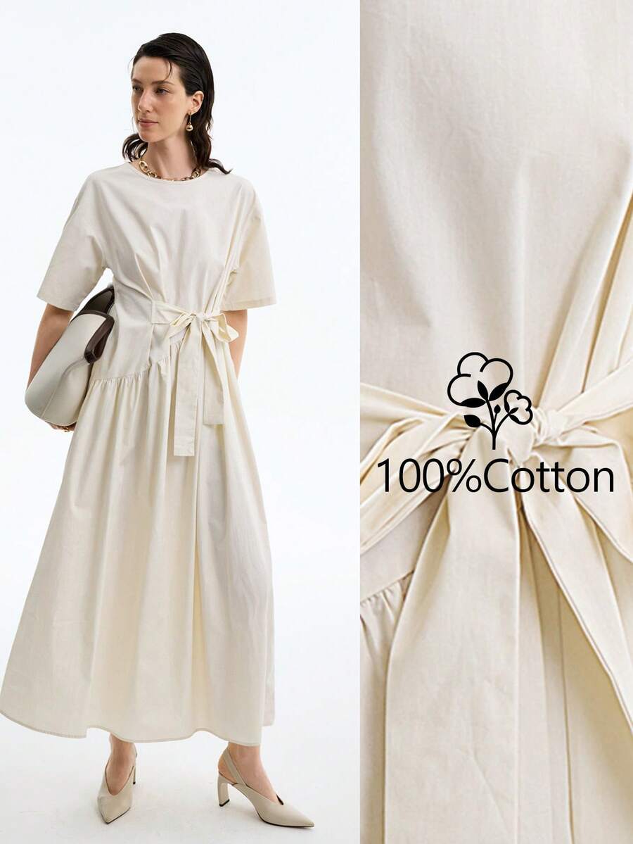 Aalyst Váy ngắn tay thắt lưng bằng cotton tối giản màu trơn dành cho nữ - Màu be - Xem 1