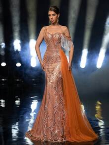 Glamrae Elegante, lujoso, con cuentas, con mangas florales con lentejuelas, con flecos, falda de sirena con abertura lateral y drapeado lateral, adecuado para bodas, fiestas, vacaciones, galas, vestidos de noche (muy adornado) - Naranja Quemada - Ver 7
