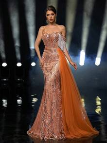 Glamrae Elegante, lujoso, con cuentas, con mangas florales con lentejuelas, con flecos, falda de sirena con abertura lateral y drapeado lateral, adecuado para bodas, fiestas, vacaciones, galas, vestidos de noche (muy adornado) - Naranja Quemada - Ver 8