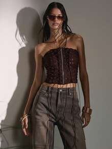MUSERA PU拉链前系带修身束身胸衣上衣，适合秋季可爱乡村西部风情夜生活、性感假日派对、春夏节日 - 巧克力棕 - 查看 5
