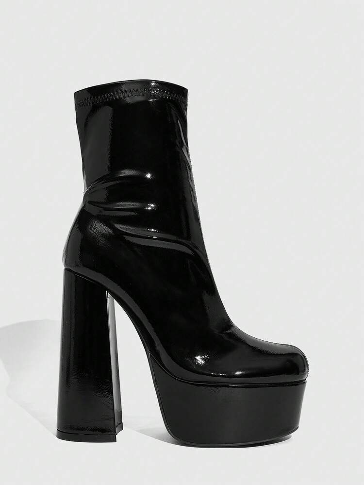CUCCOO SZL Women's Outdoor Round Head Thick High Heel Boots Simple, Stylish And Comfortable Daily Commuter Party Night Club Side Zipper Black PU Lightweight Fabric Women's Shoes Women's Boots