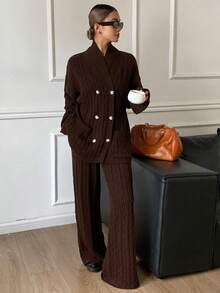 DAZY Women's Turndown Collar Open Front Loose Knit Sweater And Straight Leg Pants 2 Pieces Set, Casual & Elegant - Coffee Brown - View 6