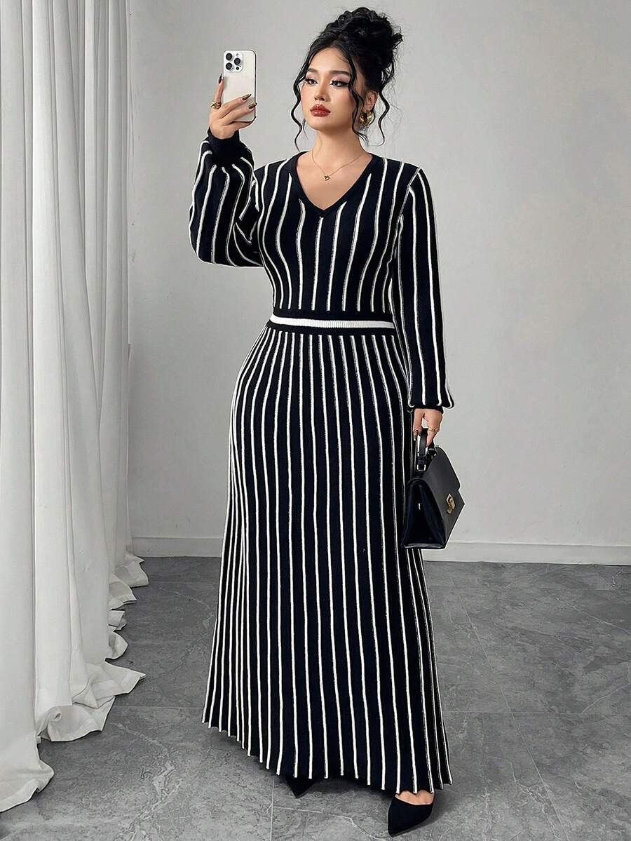 Modelyn 大码女式时尚条纹修身V领毛衣裙 - 黑與白 - 查看 1