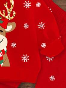 SHEIN Happikins 2pcs/Set Young Girl Casual "Merry Christmas" Cute Cartoon Reindeer & Snowflake Print Red Festive Crew Neck Long Sleeve Sweatshirt And Leggings, Suitable For Autumn/Winter - Multicolor - View 5