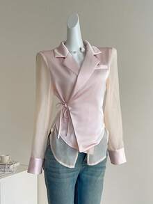 Celisse Women's Lapel NeckLong Sleeve Side Knot Fashionable Blouse - White - View 3