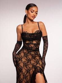 Radiana Vestido elegante y sexy de encaje negro con volantes y tirantes (con sujetador acolchado), vestido de encaje ajustado, vestido de gala, tela de encaje elástica que se ajusta a las curvas, adecuado para citas, reuniones, cumpleaños, fiestas, banquetes, bailes, clubes, salidas nocturnas, Navidad, Año Nuevo, vacaciones - Negro - Ver 7