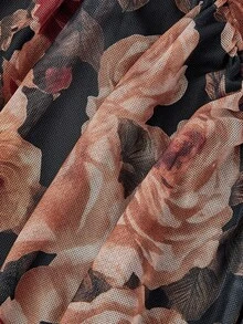 SHEIN MOD 复古 70 年代油画花卉印花褶饰连衣裙 - 修身美人鱼下摆，适合约会、派对、舞会和节日，具有迷人的宫廷风格 - 彩色 - 查看 4