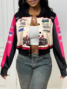 Slaydiva 2025新款早秋冬休闲街头日常约会机车复古棒球夹克口号Logo杏色拼接黑绿印花落肩长袖宽松外套针织面料女装 - 玫紅色 - 查看 8