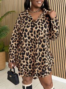 Slaydiva Plus Size Leopard Print Ruffle Hem Long Sleeve Shirt, Front Short Back Long - Coffee Brown - View 4