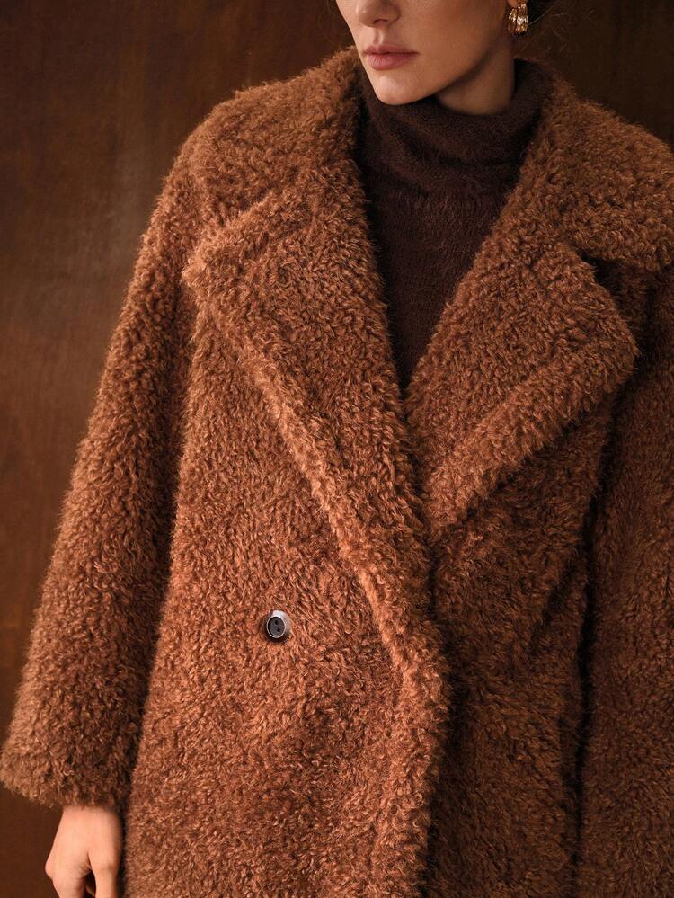 WOMEN'S LAPEL COLLAR DOUBLE BREASTED PLACKET FAUX FUR TEXTURED COAT, AUTUMN/WINTER NEW ARRIVAL