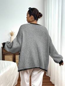 SHEIN Frenchy 大码休闲撞色饰边系带开衫 大码开衫 V 领开衫 灰色开衫 针织开衫 秋冬双色开衫 - 彩色 - 查看 2