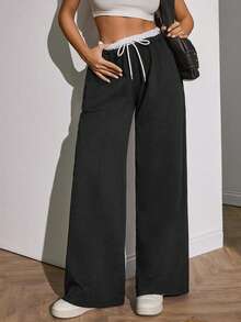 EURMUSE Plus Size Women Extra Belt And Drawstring Detailed Bottom Sweatpants - Dark Grey - View 3