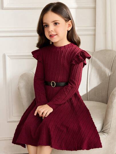 Young Girl Elegant Textured Knit Stand Collar Ruffle Trim Cap Sleeve Patchwork Flare Hem Waist Cinched Long Sleeve Dress, Wine Red, Suitable For Christmas, Halloween, Daily, Home, Outing, Party